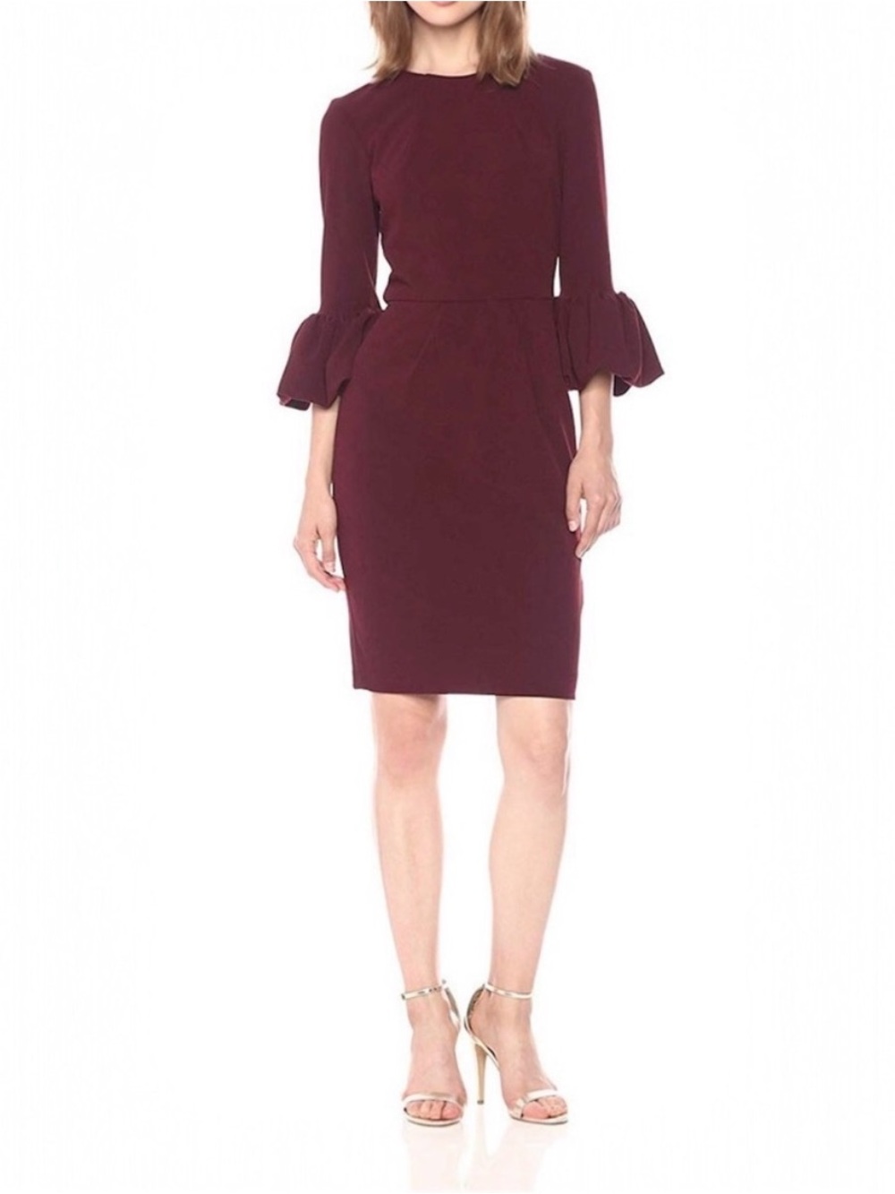 Betsy & Adam Burgundy Ruffled Peff Sleeve Sheath Dress Sz 14